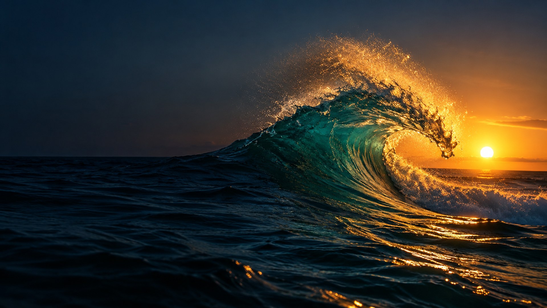 A single ocean wave curling back at its crest under a low golden sun, deep blue water